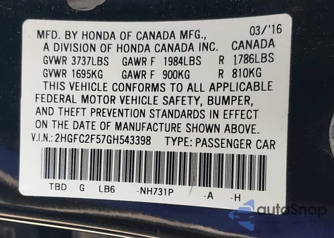 2016 Honda Civic Lx z USA, uszkodzony, nr VIN 2HGFC2F57GH543398